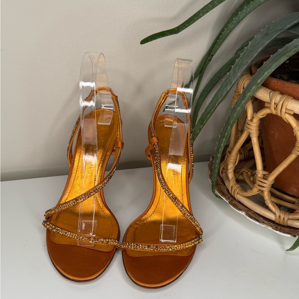 Caligarius Cometa Orange Satin Swarovski Crystal Heels Made in Italy Sz 37/ US 7 - Picture 4 of 12
